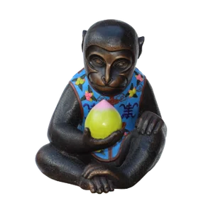 Handmade Brown Bronze Metal Ape Monkey With Peach Figure