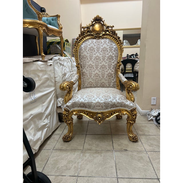 French 1960s Throne Chair Gold Leaf Arm Chair For Sale - Image 3 of 10