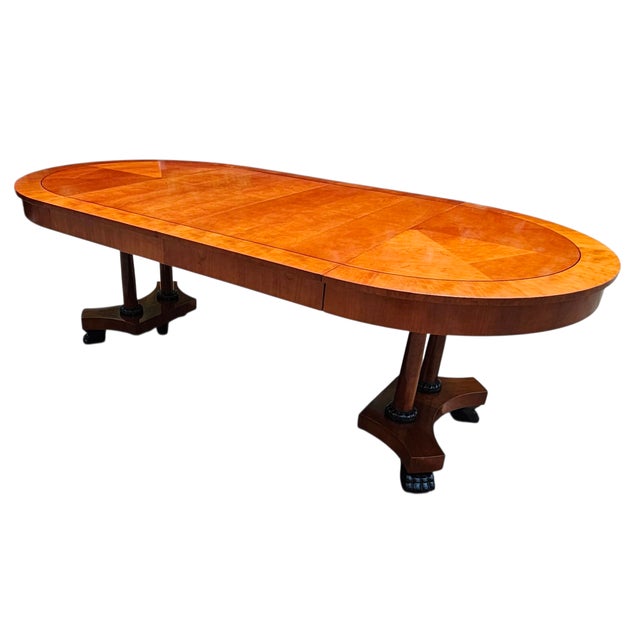 Neoclassical Vintage Baker Furniture Palladian Collection Round Neoclassical Cherry Wood and Parcel Ebonized Extension Pedestal Dining Table For Sale - Image 3 of 10