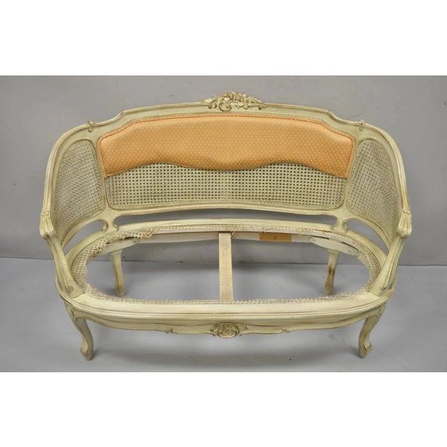 Vintage French Louis XV Victorian Style Small Cream Painted Settee Loveseat Sofa For Sale - Image 4 of 12