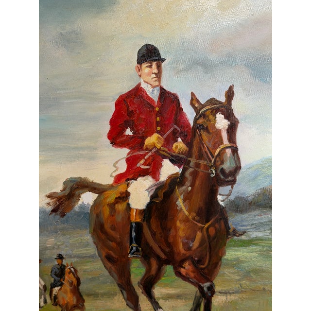 This dynamic contemporary oil painting depicts a classic fox hunting scene with mounted riders in traditional red coats...