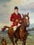 This dynamic contemporary oil painting depicts a classic fox hunting scene with mounted riders in traditional red coats...