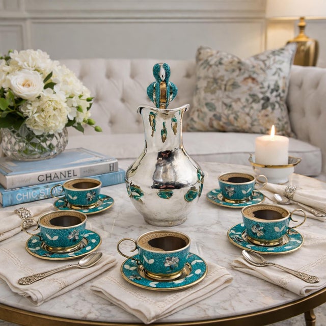 Vintage Mexican Modern beverage service set designed and manufactured in Taxco, Mexico in the 1950s, featuring a...