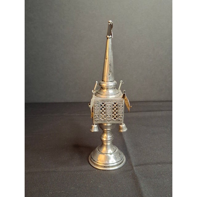 Religious Vintage Sterling Silver Besamim Spice Tower Havdalah Judaica Bells Flags 72g For Sale - Image 3 of 17