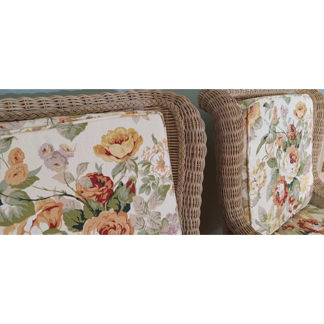 Pristine 1980's Phillippine Ratan & Wicker Wingback Chairs & Ottoman - 3 Piece Set For Sale - Image 15 of 18