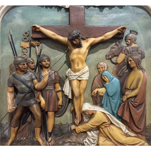 Complete Set of 14 19th Century French Polychrome Stations of the Cross Panels For Sale - Image 11 of 12