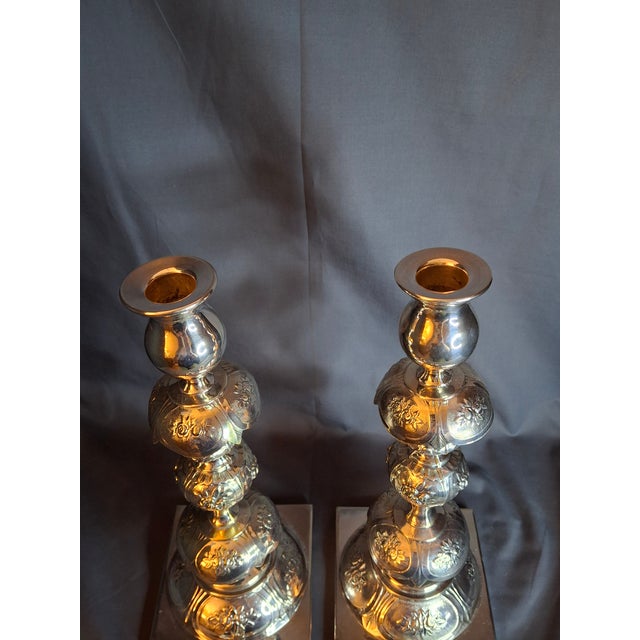 Antique Polish Judaica Silver Plated Shabbat Candlesticks Chaim Grun Warsaw 12" For Sale - Image 16 of 18