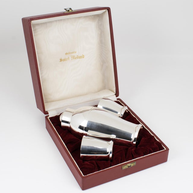 1940s Saint Medard Art Deco Silver Plate Baby Cocktail Shaker and One-shot Glasses - 3 pcs with Case For Sale - Image 4 of 17