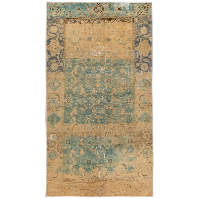 Vintage Distressed Turkish Handmade Turquoise Wool Rug For Sale - Image 10 of 10