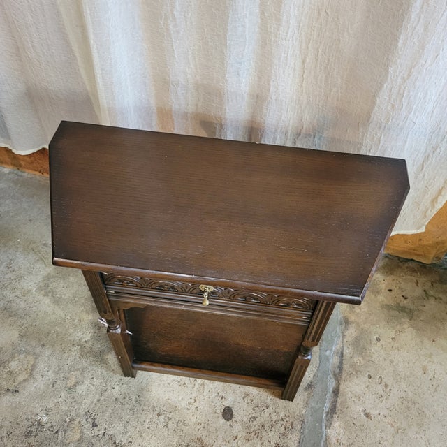 Brown 1920s English Oak Carved Drawer Front Angle Sided Table For Sale - Image 8 of 18