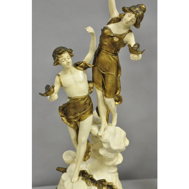 Antique L&f Moreau Spelter Metal Painted Figural Boy and Girl Table Lamp - Pair For Sale - Image 4 of 12