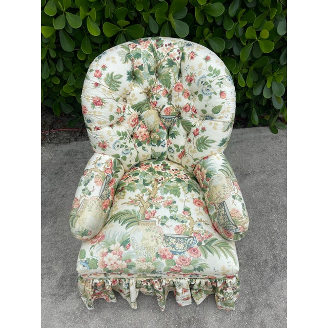 White Vintage Hickory Chair Tufted Lounge Chair on Casters in Botanical Print For Sale - Image 8 of 17