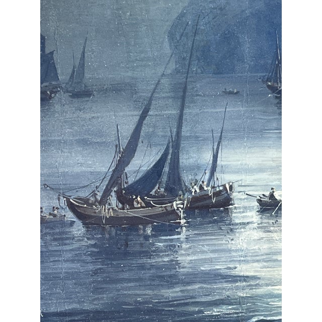 Italian 1900 Large Italian Neopolitan Gouache Painting Bay of Naples in Gilt Frame For Sale - Image 3 of 5