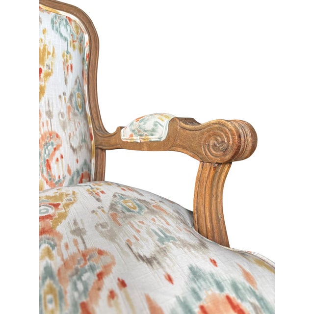 Louis XV-Style French Provincial Fauteuil in Custom Ikat Upholstery For Sale - Image 9 of 18