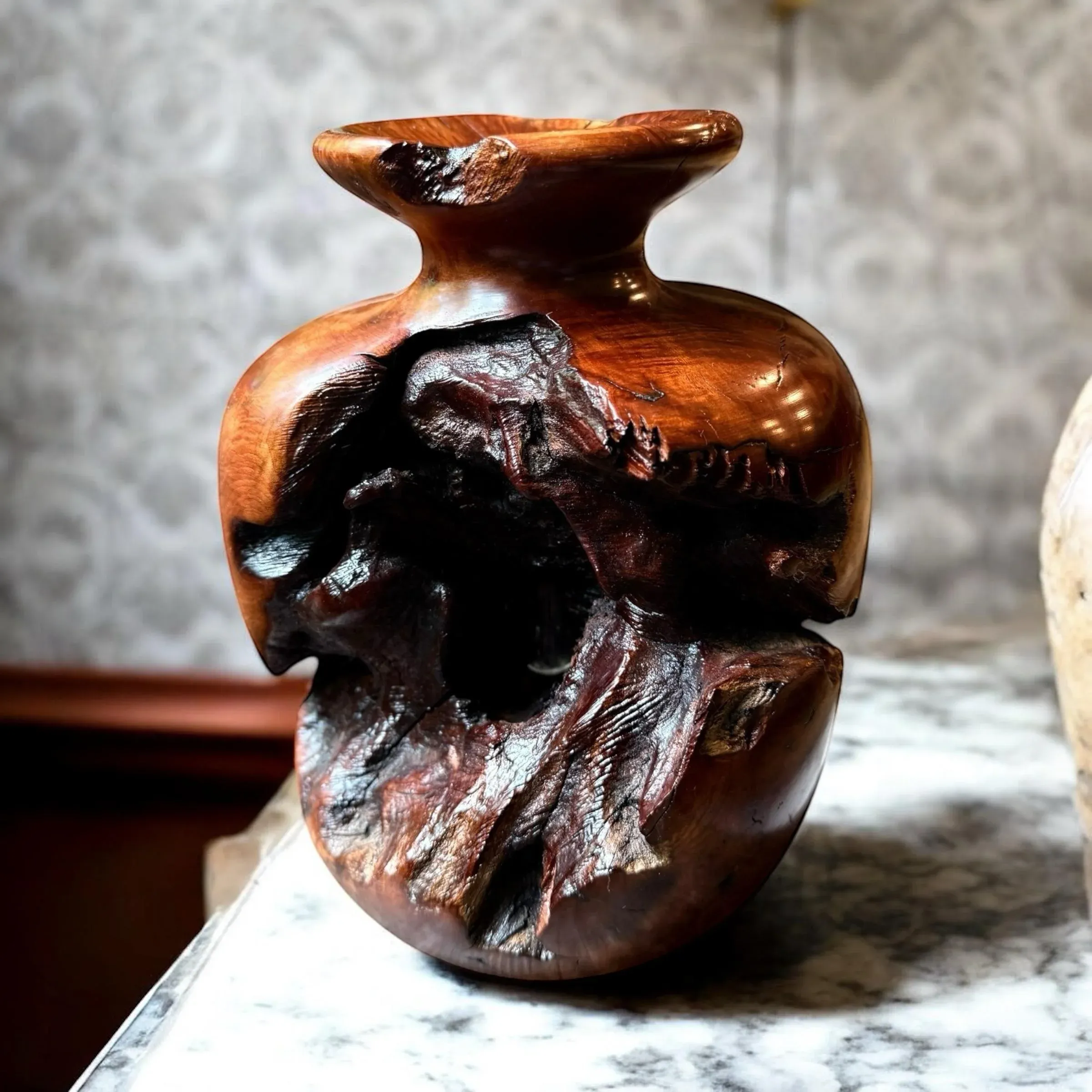 Burlwood Brutalist Hand Turned彫刻Art Vase 花器 壺 天然木 置物