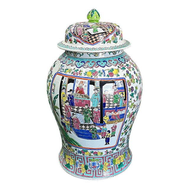 Chinese Large Famille Rose Color Graphic Porcelain General Temple Jar For Sale