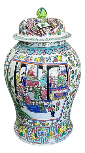 Chinese Large Famille Rose Color Graphic Porcelain General Temple Jar