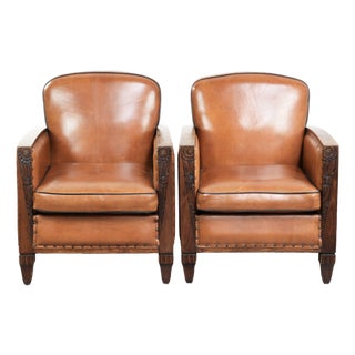 Art Deco Sheepskin Armchairs with Wood Carvings, Set of 2 For Sale