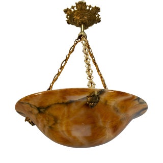 Neo-Classical French Amber Alabaster and Bronze Pendant Light, 1900s For Sale