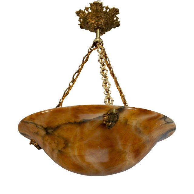 Neo-Classical French Amber Alabaster and Bronze Pendant Light, 1900s For Sale