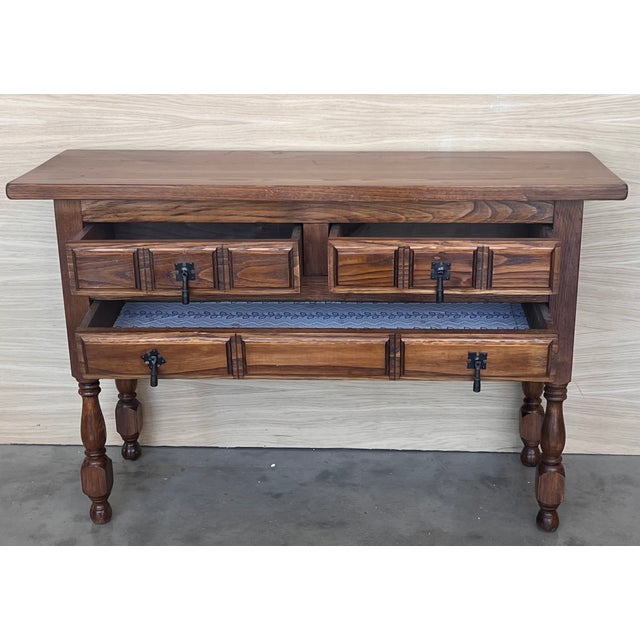 19th Century Catalan Spanish Carved Walnut Console Sofa Table, Four Drawers For Sale - Image 9 of 10
