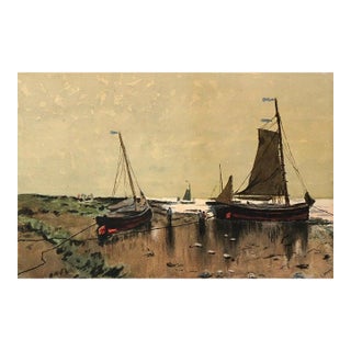 Antique Watercolor Seascape Painting With Fishing Boats & Figures by Fww, 19th C For Sale