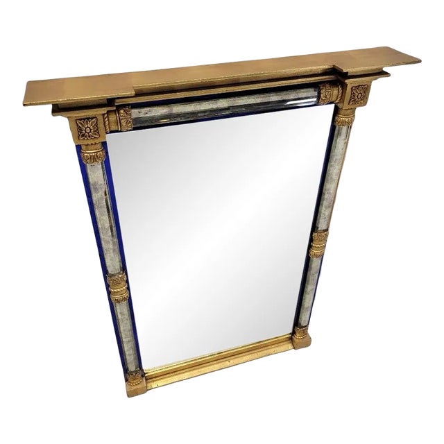 Vintage Empire Federal Style Gilt Beveled Mirror With Cobalt Blue Trim For Sale