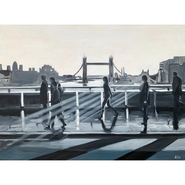 2010s Angela Wakefield, Black & White Painting of People in Sunshine on London Bridge with Tower Bridge, 2011 For Sale - Image 5 of 9
