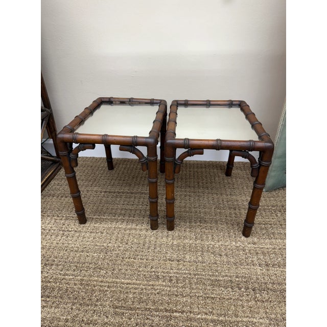 1970s Vintage Italian Faux Bamboo Side Tables With Mirrored Glass Surfaces, a Pair For Sale - Image 4 of 8