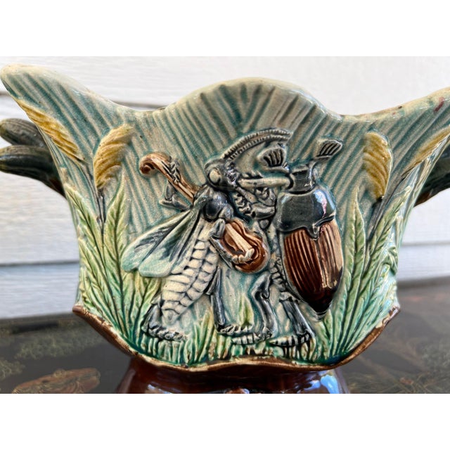 Pair Antique French Majolica Jardinières Insect Musician Cache Pot Planter C1880 For Sale - Image 4 of 18