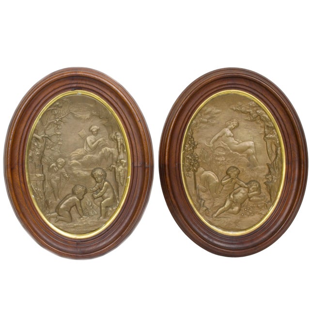Oval Patinated Metal Wall Plaques with Cherub Decorations - A Pair For Sale - Image 4 of 4