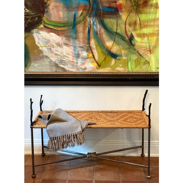 Vintage 1980’s Organic Modern Geometric Woven Rope Bench, Hand Crafted Bronze Tone Twig Legs/Stretchers Accented With Gold, Nod to Audoux-Minet For Sale - Image 12 of 12