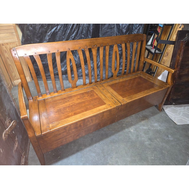 1990s 1990s Bernhardt Furniture "Bandini" Arts & Crafts Oak Storage Settle Bench For Sale - Image 5 of 11