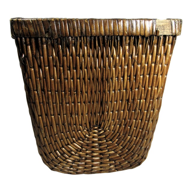 Vintage Square Woven Wicker Basket, Tapered Design Tightly Braided For Sale