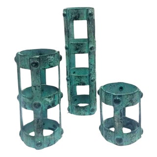 1970s Set of 3 Brutalist Style Candlestick Holders Cage Design For Sale