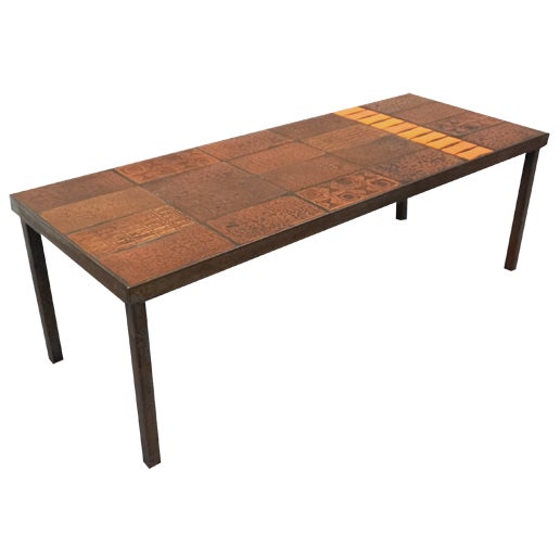 Vintage Rectangular Coffee Table in Steel and Ceramic by Jean Jaffeux, 1960s For Sale