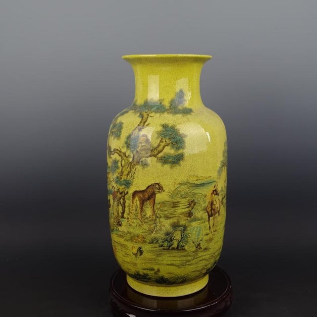Chinese Chinese Ceramic Qing Dynasty Qianlong Marked Yellow Ground Crackle Glaze Porcelain Vase Hand Painted Twelve Chinese Zodiac Signs Pattern For Sale - Image 3 of 6