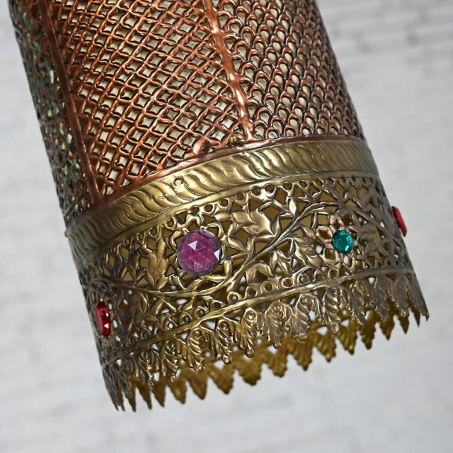 Mid-20th Century Moroccan or Moorish Style Embossed & Pierced Copper & Brass Pendant Light Fixture With Multicolored Jewels Made in India For Sale - Image 11 of 12