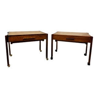 Mid 20th Century Near Pair of Danish Modern Sewing /Side Tables With Woven Baskets in the Style of p.j. Møbler – Rosewood & Teak For Sale