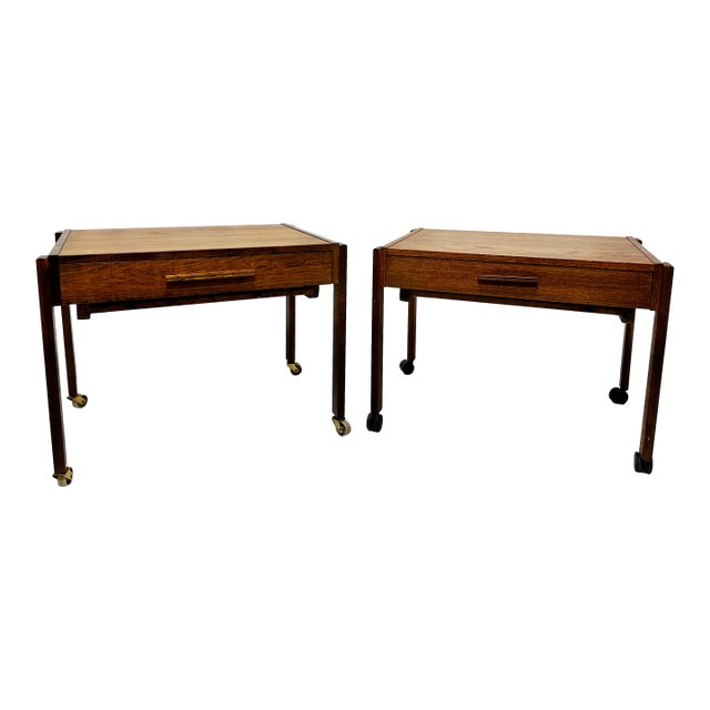 Mid 20th Century Near Pair of Danish Modern Sewing /Side Tables With Woven Baskets in the Style of p.j. Møbler – Rosewood & Teak For Sale