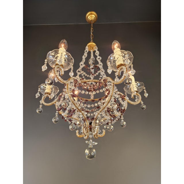 Brass 1930s Lustre Art Nouveau Candelabrum Purple Crystal Chandelier For Sale - Image 8 of 12