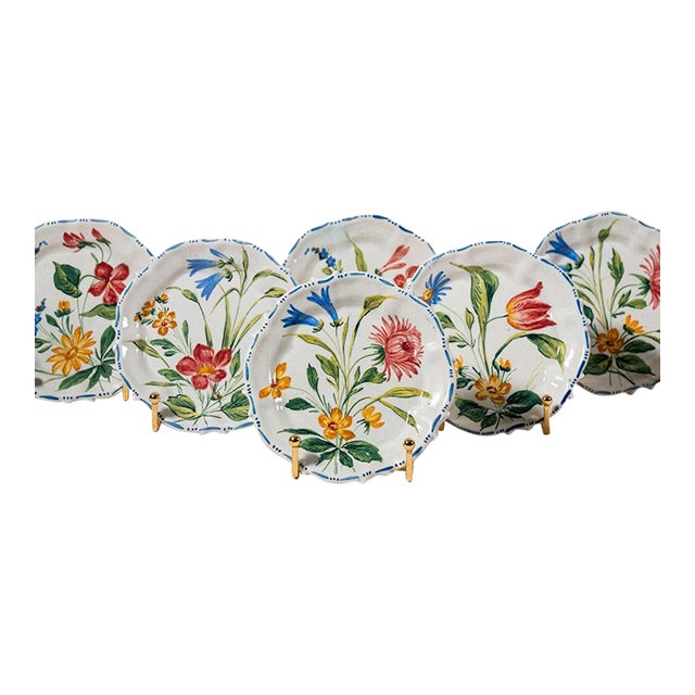 Mid 20th Century Set of 6 Hand Painted Floral Italian Plates For Sale