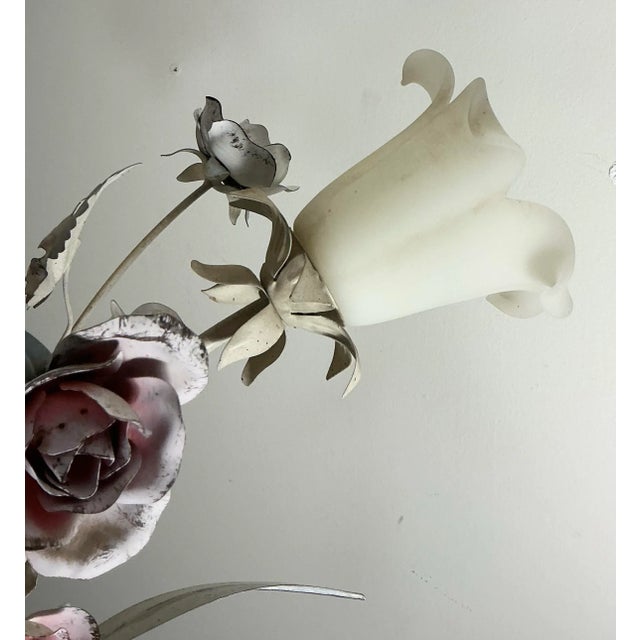 Vintage Italian Toleware Tole Style Floral Rose Chandelier With Glass Shades For Sale - Image 9 of 12