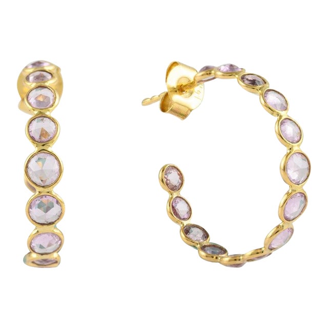 14k Solid Yellow Gold Pink Sapphire C-Hoop Earrings - 2 Pieces For Sale