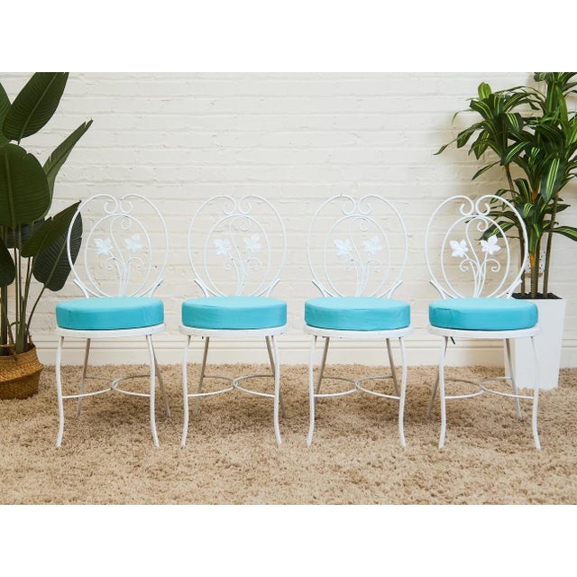 Metal Vintage Wrought Iron Patio Dining Table With Leaf Motif Aqua Cushions and Glass Top For Sale - Image 7 of 7