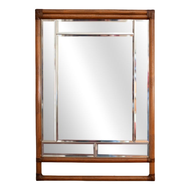 Bamboo and Beveled Glass Mirror, 1970s For Sale