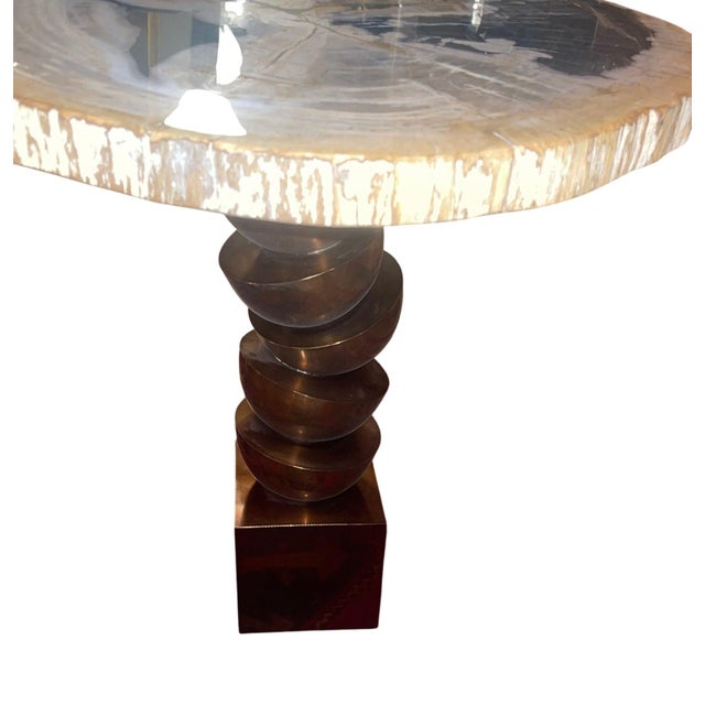 Pair Modern Petrified Wood Side Tables W/ Sculptural Metal Bases. Late 20th C. For Sale - Image 9 of 12