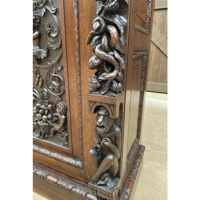 Antique English Cabinet Chest Wardrobe Gothic Revival Oak Monkeys Rare C.1880s For Sale - Image 9 of 13
