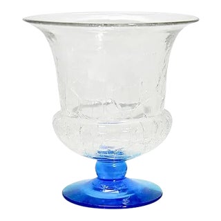 Blenko 1940s Vintage Blue Crackle Art Glass Urn For Sale