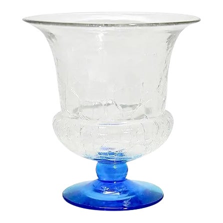 Blenko 1940s Vintage Blue Crackle Art Glass Urn For Sale